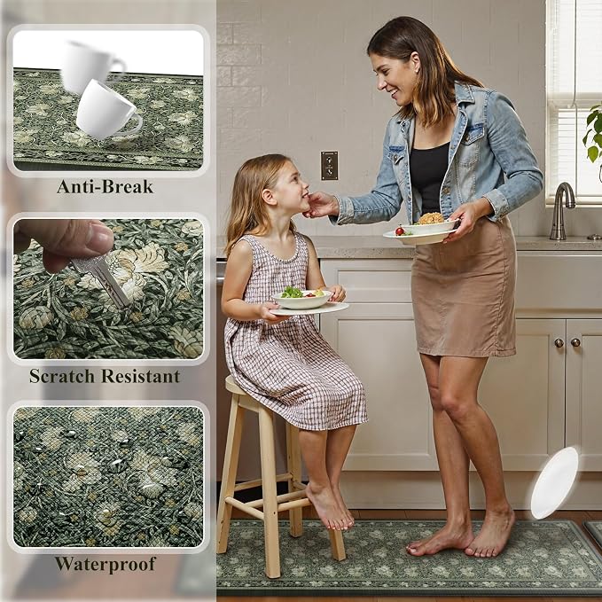 KIMODE Anti Fatigue Mats for Kitchen Floor Non Slip,Boho Floral Rugs Sets of 2,Cushioned Padded Carpet for Laundry Sink,Memory Foam Comfort Standing Mat for Office,Black 17"x29.5"+17" x47”