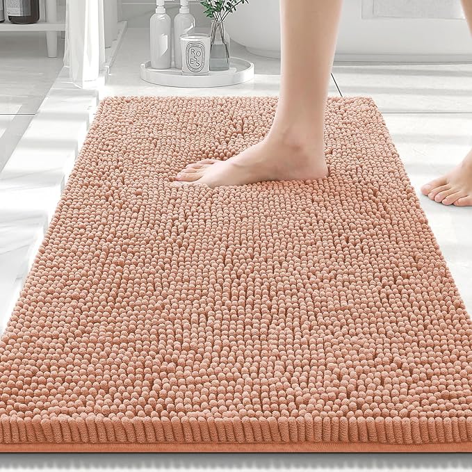 Smiry Luxury Chenille Bathroom Rugs 30x20, Extra Soft and Absorbent Shaggy Bath Mat, Machine Washable, Non-Slip Plush Carpet Runner for Tub, Shower, and Floor, Home Decor Accessories, Peach