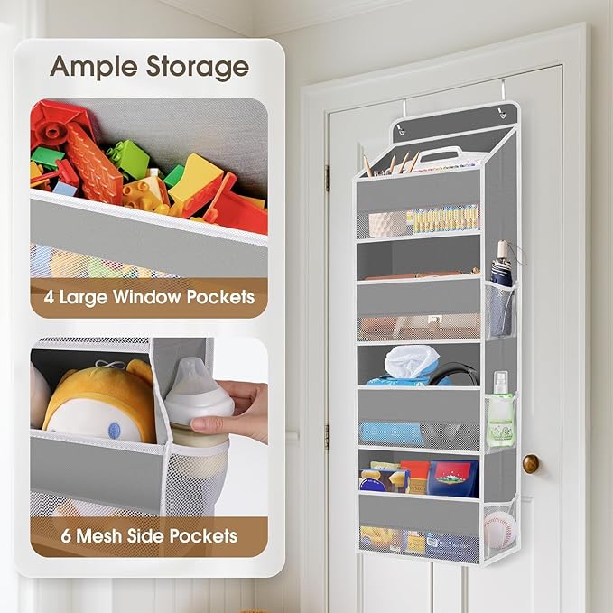SpaceHacks 2 Pack Over The Door Organizer, Hanging Storage Organizer with Clear Window, 40lb Ultra Sturdy Large Capacity Room Organizer for Pantry Laundry Bathroom Nursery Closet (Grey)