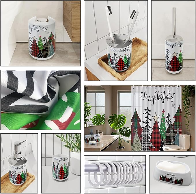 Clara Clark Bathroom Accessories Set - Christmas Bathroom Set with Adhesive Corner Shower Caddy Hanging, 24PC Bathroom Accessory Set, Christmas Shower Curtain Set with Toilet Brush and Trash Can