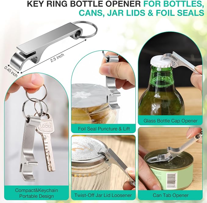Jar Openers for Weak Hands, 4 Piece Kitchen Opening Set with 5 in 1 Bottle Opener, Adjustable Stainless Steel Jar Opener and 2 Keychain Bottle Openers, Easy Grip Solution for Seniors & Arthritis