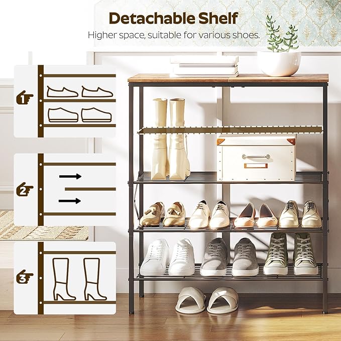 YATINEY 5-Tier Shoe Rack, Shoe Storage for Entryway and Closet, Free Standing Shoe Organizer with Metal Mesh Shelves, 16-20 Pairs of Shoes, Rustic Brown and Black SS05BR