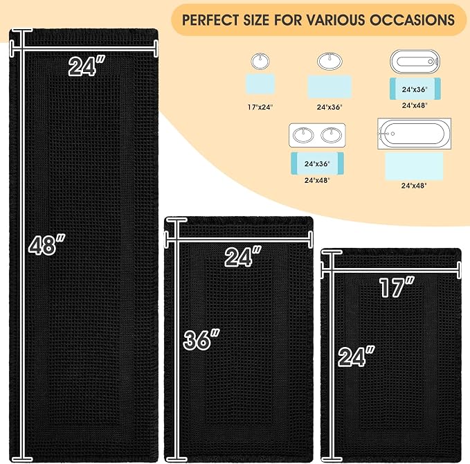 Upgrade Waffle Bath Mat Set 3 Piece, Boho Bathroom Rugs Absorbent Non Slip, Ultra Soft Bathroom Mat, Machine Washable Knit Bath Rugs with Tassels for Bathroom, Bedroom, Kitchen, Shower, Tub, Black