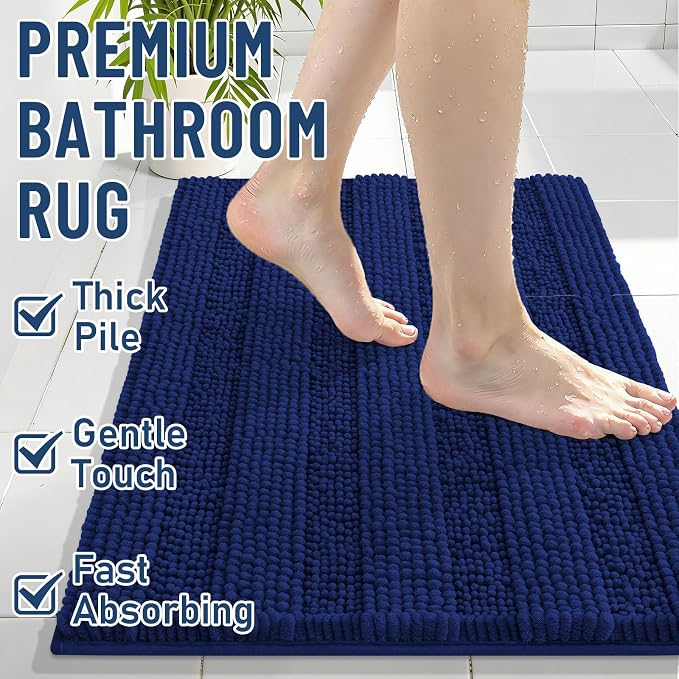 Grandaily Chenille Striped Bathroom Rugs 40x32, Extra Thick and Soft Absorbent Bath Mats, Rubber Backing, Plush Shaggy Shower Carpet, Machine Wash Dry, Bath Rug for Bathroom, Navy Blue