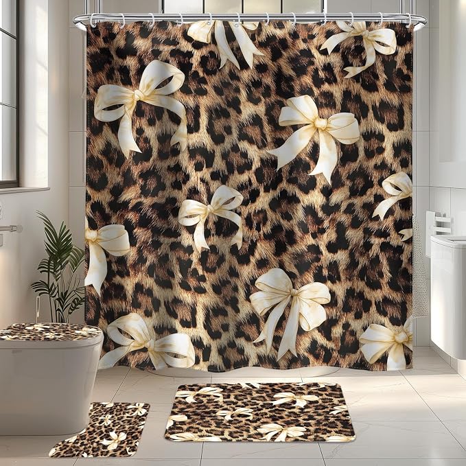 4 PCS Beige Bow Leopard Print Shower Curtain Set 72Wx72H,Toilet Lid Cover,Non-Slip Rugs and U-Shaped Mat,Vintage Chic Bathroom Sets with Rugs Shower Accessories 12 Hooks for Bathroom Decor