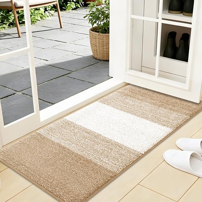 Kitinjoy Indoor Outdoor Door Mat, 44x24 Non-Slip Absorbent Dirt Trapper, Low-Profile Washable Inside Entrance Front Floor Mat, Sturdy Soft Entry Doormats for Entryway, Beige