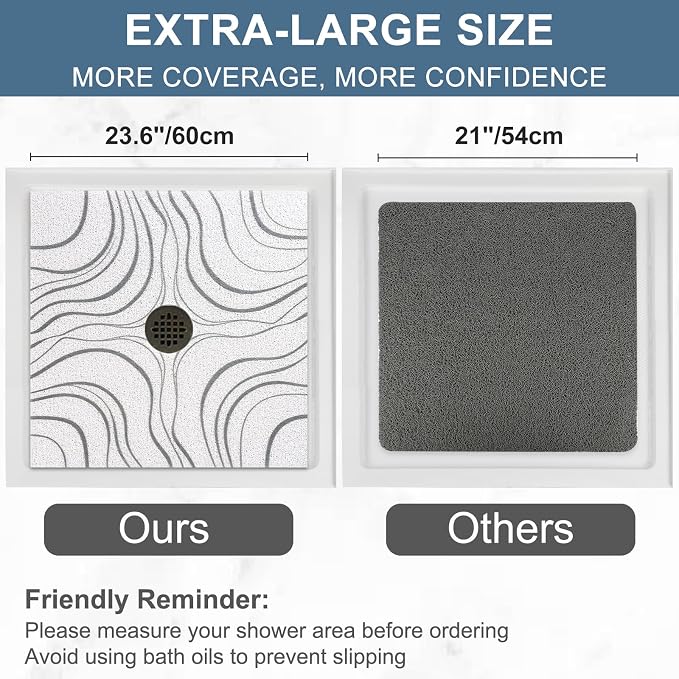 Square Shower Mat Non Slip: 24x24 Inch Extra Large Shower Mats for Inside Shower, Non Slip Shower Mat with Drain Hole in Middle- Anti Slip Shower Floor Mat, Loofah Shower Stall Mats for Elderly