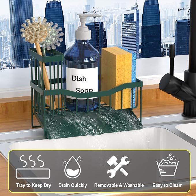 Fssvcd Maifan Sink Caddy Sponge Holder for Kitchen with Brush Holder and Stainless Steel Self Drain Tray, Rustproof Kitchen Sink Organizer for Sponge, Soap Dispenser Storage Accessories Dark Green