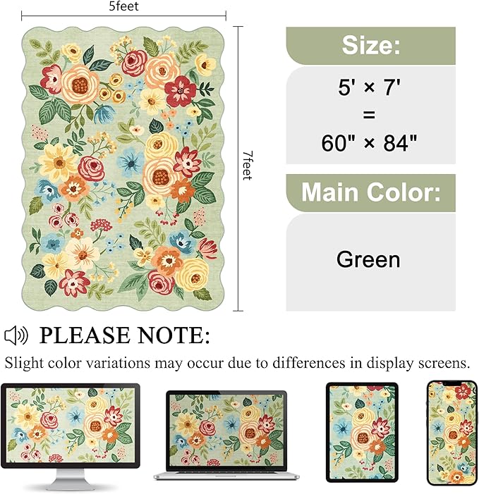 DUKINO 5x7 Area Rug, Floral Washable Rugs for Living Room with Non Slip Backing & Non-Shedding, Lightwight Low Pile Boho Design Large Carpets for Bedroom, Living Room, Dining Room, Green