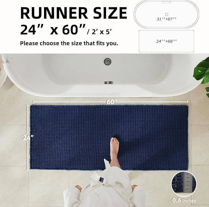 TYUU Waffle Runner Rug Bathroom, Long Boho Bathroom Rugs Non Slip Washable Super Absorbent Quick Dry Farmhouse Bath Decor, 60"x24" Navy Blue