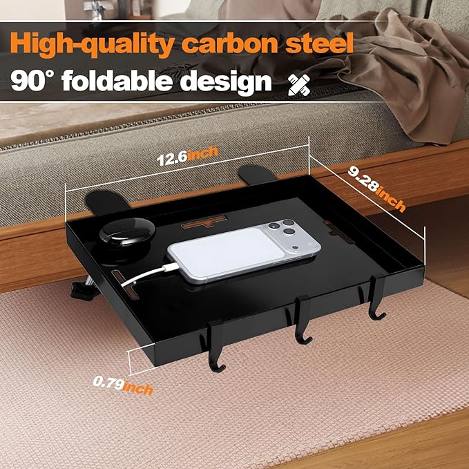 Bunk Bed Shelf, Dorm Bed Shelf, Foldable Bedside Shelfs, Bedshelfie, Heavy Duty Metal Floating Nightstand Beds Tray Table Tray Organizer Tray with 3 Cord Hole(Black)