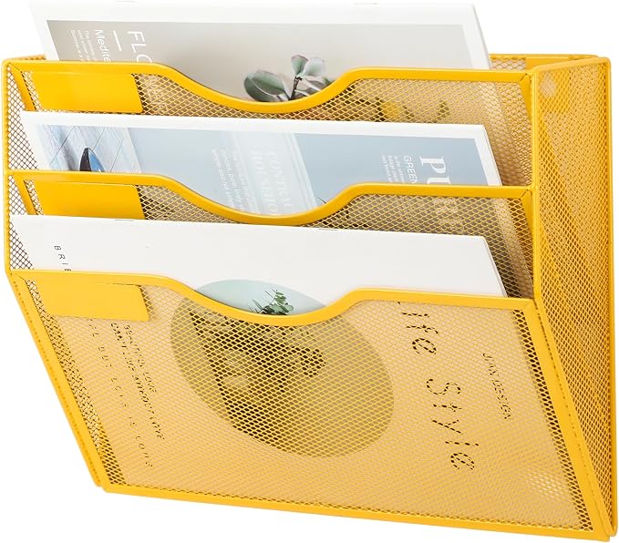 EASEPRES 3 Pocket Mesh Hanging Wall File Organizer, Wall Mounted Mail Paper Document Folder Holder, Clipboard Storage Organization Magazine Rack with Nametag Label for Office Home School, Yellow