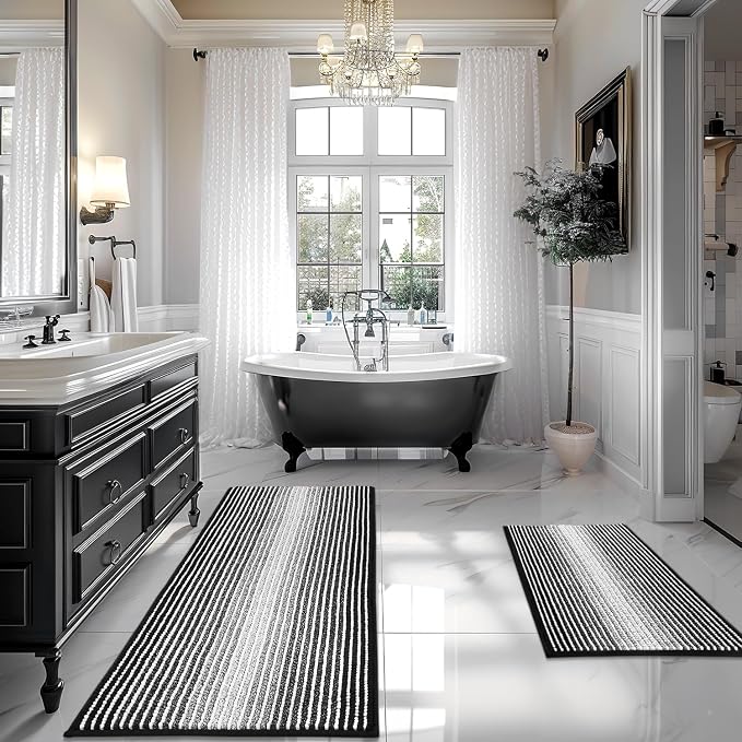 BSICPRO Bathroom Rugs and Mats Sets, 2 Piece Thick Absorbent Chenille Bath Mat Rug Set Non Slip, Soft Shaggy Bath Room Floor Mats for Bathroom, Machine Washable (Black, 20" x 47" Plus 20" x 32")
