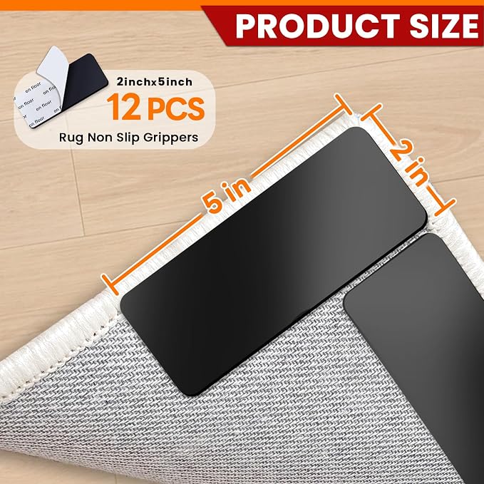 YINTTIAN Rug Non Slip Grippers, 2 x 5 Inch Reusable Carpet Grippers Rug Tape Pads for Hardwood Floors and Tiles, Removable and No Residue on Floor (12)