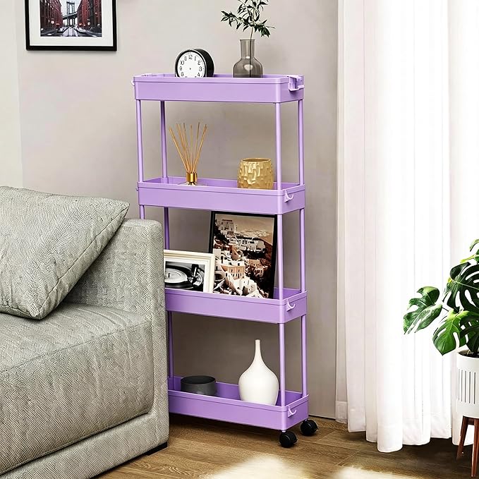SPACELEAD Slim Storage Cart 3 Tier,Bathroom Organizer Rolling Utility,Mobile Shelving Unit Slide Out for Office, Kitchen, Laundry Room & Narrow Places,Purple
