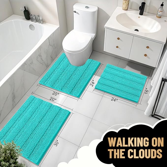OLANLY Thick Small Bathroom Rugs 24x16, Extra Soft Absorbent Chenille Striped Bath Rugs, Rubber Backing, Machine Wash, Bath Mats for Bathroom Floor, Tub and Shower, Home Decor Accessories, Teal