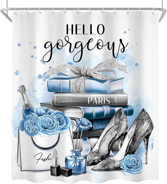 4Pcs Girly Blue Shower Curtain Set, Silver Grey Fashion Women Bathroom Curtain with Rug, Toilet Lid Cover, Bath Mat, Flower Perfume Black White Striped High Heels Shower Curtain with 12 Hooks