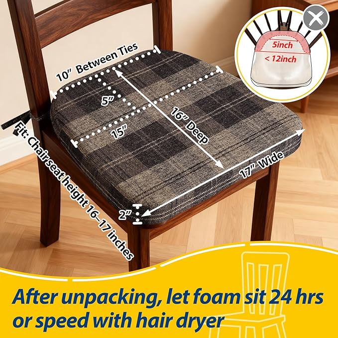 AAAAAcessories D-Shaped Chair Cushions, 2" Thick Dining Chair Pads with Ties and Removable, Machine-Washable Cover, 17" x 16", Set of 2, Brown Checkered