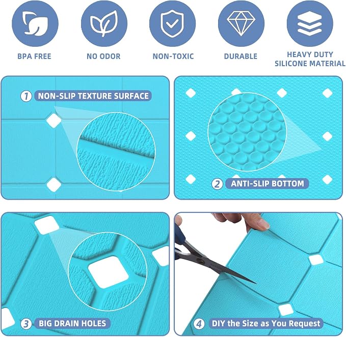 Bathtub Mat Non Slip Silicone Soft Odorless Bath Mat No Suction Cups for Refinished,Textured and Reglazed Tub Shower Mats Non-Slip 18 X 28Inch Blue