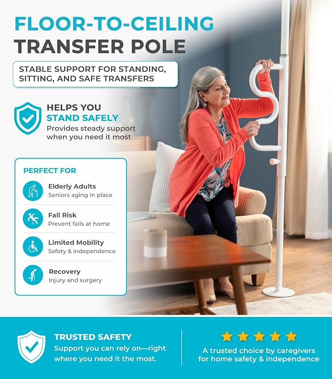 Stander Wonder Pole Plus with Rotating Double Grab Bar, Tension Mounted Security Pole for Seniors & Elderly Adults, No-Drill Floor to Ceiling Transfer Pole for Home & Bath Safety, White