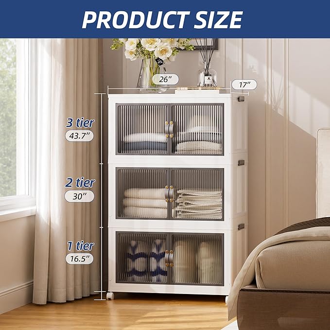 SAILUN 87Gal/348Qt Stackable Storage Bins Folding Collapsible Storage Bins with a Lid, Closet Organizers and Storage,White 26" W x 17" D x 43.7" H
