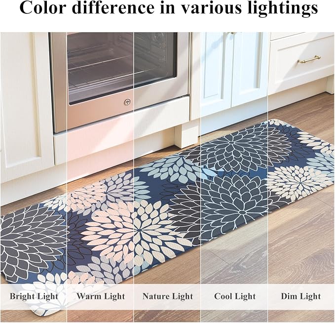 KIMODE Anti Fatigue Kitchen Mats for Floor, Boho Dahlia Floral Kitchen Rugs 24" x 59", Cushioned Mats for Kitchen Floor, Non Slip Kitchen Floor Mats, Sink, Laundry, Office,Blue Multi