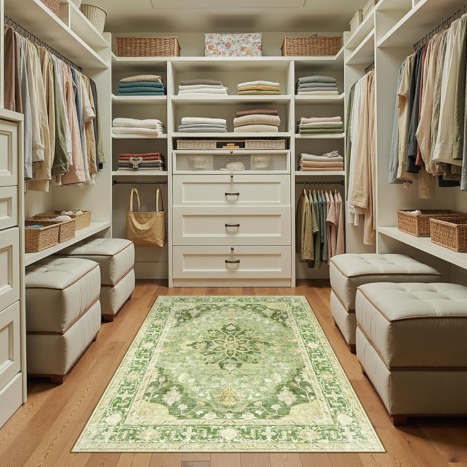 RELEANY Area Rugs 3'x5' Washable Non-Slip, Floral Vintage Distress Medallion Carpet for Living Room Bedroom Dining Room, Sage Green Yellow