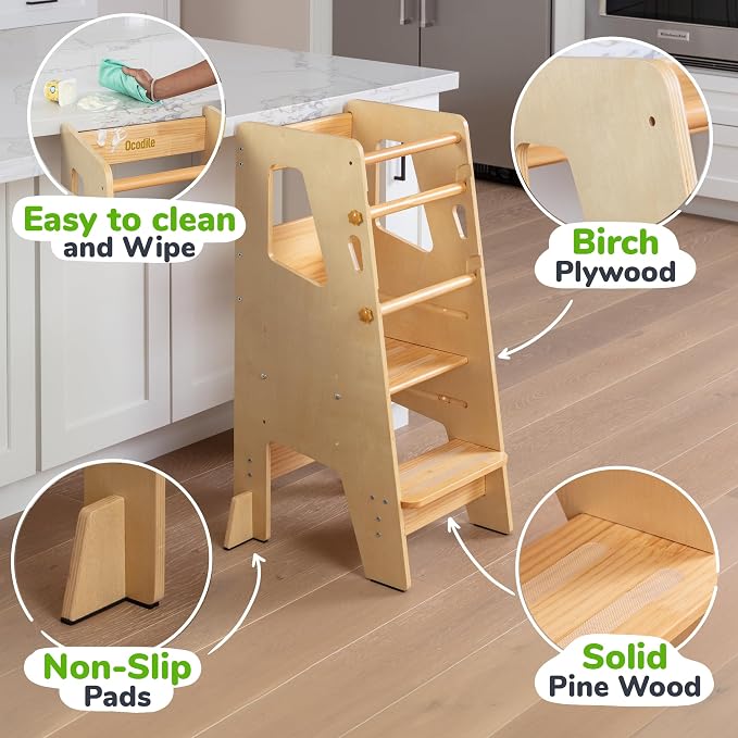 OCODILE Toddler Standing Tower - Adjustable Height Toddler Kitchen Stool Helper - Ideal Kids Kitchen Step Stool for Learning New Skills - Extra Secure with Safety Feet - Varnished