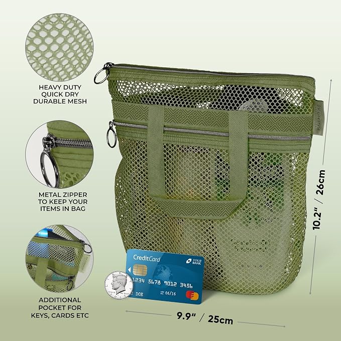 DV Lifestyle Mesh Shower Bag 10.2x9.9'' Quick-Dry Caddy with Zipper & 2 Pockets. Portable Toiletry Tote for Bathroom, Gym, Travel, Camp, Beach, for Sunscreen, Dorm & College Essentials (Olive Green)