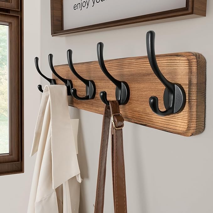 SKOLOO Rustic Wall Mounted Coat Rack, Case of 2, Pine Solid Wood Coat Hook Hanger - 5 Hooks for Hanging Clothes Robes Towels Coats