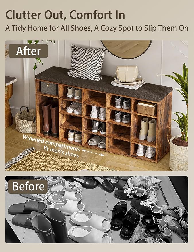 DINZI LVJ Shoe Storage Bench, 20-Cubby Shoe Rack Bench with Cushion, Fully Adjustable Shelves, Shoe Organizer for Closet, Entryway, Mudroom, Hallway and Garage, Rustic Brown
