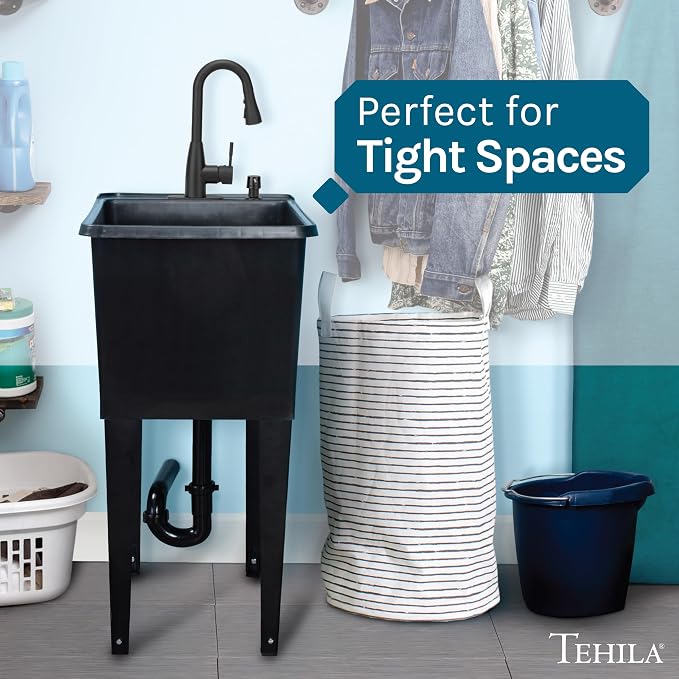 Black Space Saver Utility Sink by JS Jackson Supplies, Freestanding Tehila Space Saving Laundry Tub, Black Pull-Down Faucet, Soap Dispenser