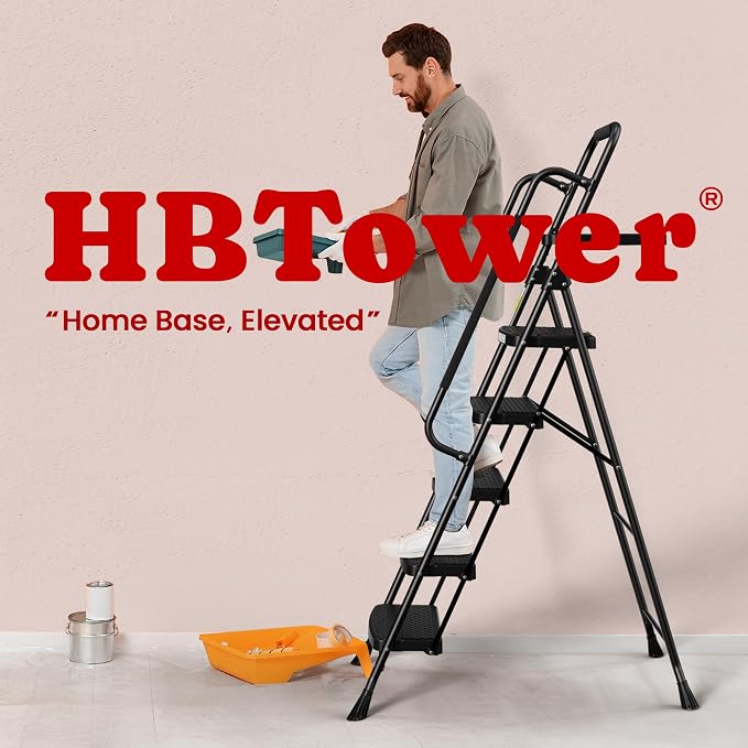 HBTower Step Ladder, 5 Step Ladder for Adults with Wide Anti-Slip Pedal, Step Stool Foldable with Handrails & Tool Tray, 330 Capacity for Home and Kitchen, Black