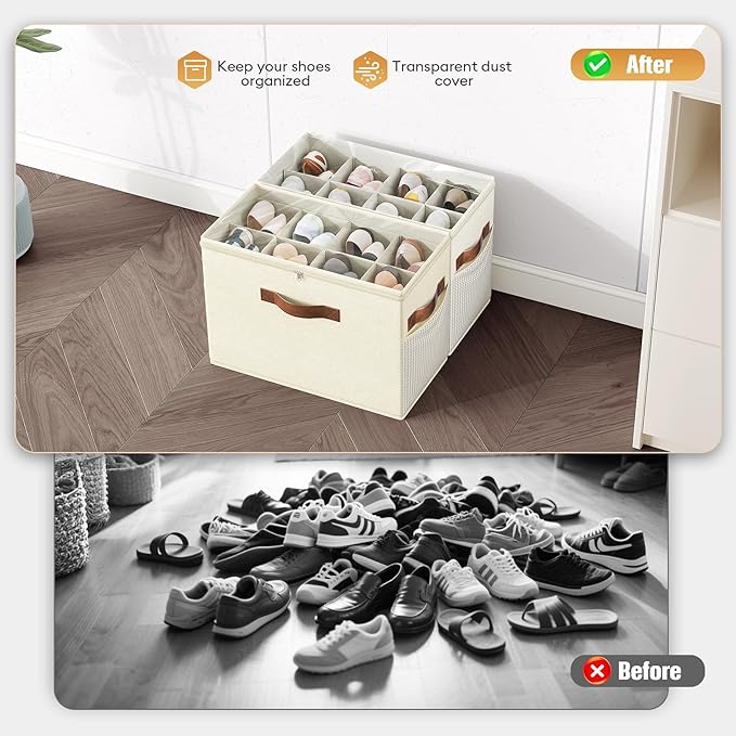 Budding Joy 2 Pack Shoe Organizer for Closet, Clear Foldable Shoe Storage Containers Adjustable Dividers Fits 16 Pairs,Shoe Storage Bins Baskets Boxes with Reinforced Handles Beige Yellow Beige