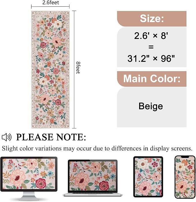 DUKINO Runner Rug, 2.6x8 Kitchen Runner Rug for Hallway with Non Slip Backing, Washable Low Pile Soft Boho Floral Carpet for Hallway, Kitchen, Entryway, Laundry, Bedroom, Beige