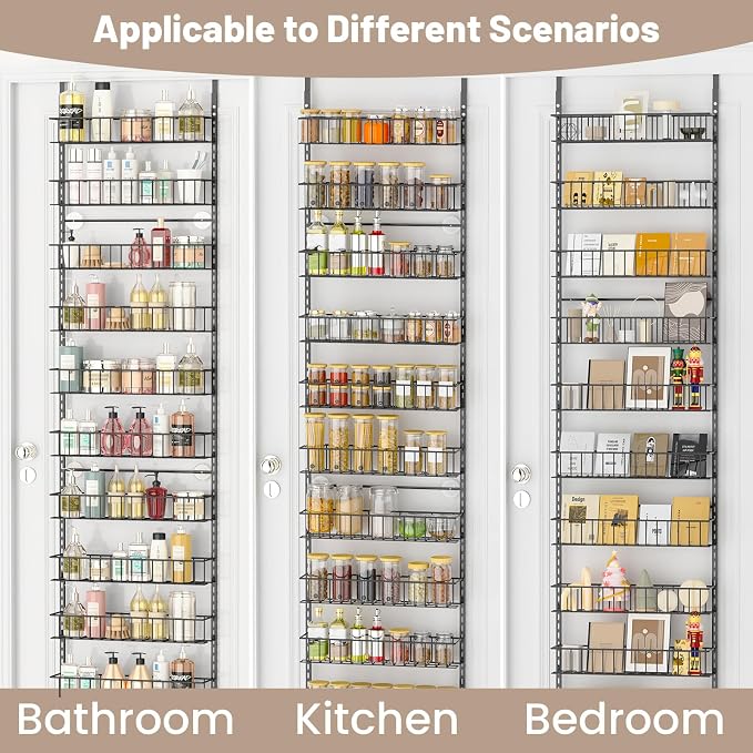 ElegantArray 10-Tier Pantry Door Oragnizer, Over The Door Pantry Organizer Rack and Storage, Hanging Spice Rack Shelves Door, Home Office Laundry Room Bathroom & Kitchen Organization, Deep Gray