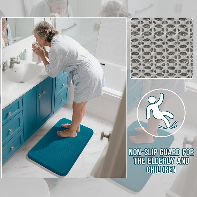 Yimobra 3 Pieces Memory Foam Bath Mat Set with U-Shaped Toilet Rug - Non Slip Super Soft Absorbent Quick Dry Bathroom Rugs for Bathtub, Vanity & Toilet Base, Peacock Blue