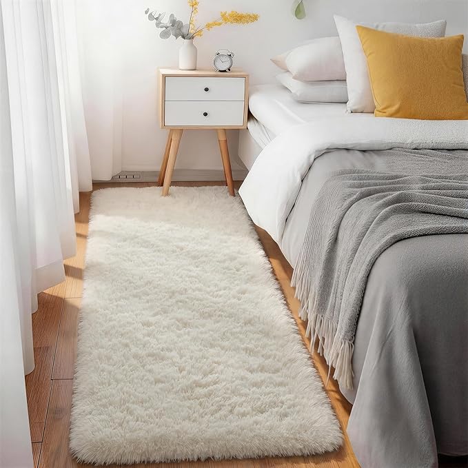Ophanie Runner Rug for Hallway, 3x6 Washable Non-Slip Fluffy Soft Bedside Rugs, Bedroom Living Room Shaggy Carpet for Kids Girls Boys Dorm Nursery Home Decor Aesthetic, Ivory