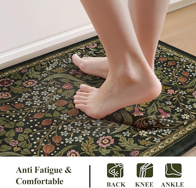 Collive Kitchen Mats for Floor, Cushioned Anti Fatigue Mat Non Slip Waterproof Kitchens Sink Rug, Green Vintage Floral Rugs Comfort Standing Mat for Laundry, Desk, Bar, Office, 20"x39"