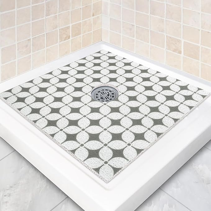 Square Shower Mat Non Slip: 36 x 36 Inch Extra Large Shower Mats with Drain Hole in Middle - PVC Loofah Anti Slip Shower Floor Matt for Inside Shower