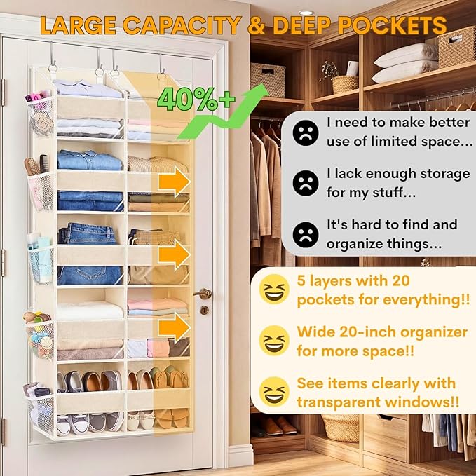 2 Pack Over the Door Organizer 5 Tiers, Extra Large Behind Door Storage of 10 Compartments, 80 lbs Weight Capacity Over Door Organizer, Door Hanging Organizer for Closet, Diaper Organizer, Beige