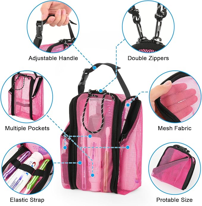 Cosmos Mesh Shower Caddy Toiletry Organizer Hanging Shower Tote Bag, Quick Dry Shower Organizer Portable Bath Bag with Durable Zippers & Side Pockets for Travel Gym Swimming Beach & Camp (Hot Pink)