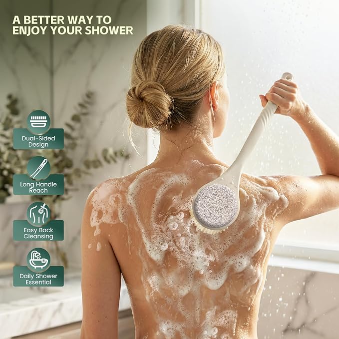 Back Scrubber for Shower, Long Handle Exfoliating Brush, Dual-Sided Bath Brush with Soft Bristles & Volcanic Pumice Stone, Anti-Slip Grip for Men & Women (Light Yellow)