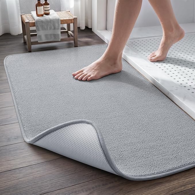 MontVoo Quick Dry Bath Mat, Super Absorbent Bathroom Rug, 3D Honeycomb Mesh Base Non Slip Bath Mats for Bathroom, Machine Washable Low Pile Bath Rug for Bathtub Front, Shower, Sink, Grey 20"x31"
