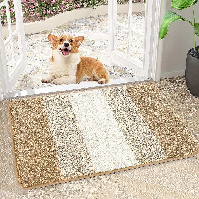 Kitinjoy Indoor Outdoor Door Mat, 30x17 Non-Slip Absorbent Dirt Trapper, Low-Profile Washable Inside Entrance Front Floor Mat, Sturdy Soft Entry Doormats for Entryway, Beige
