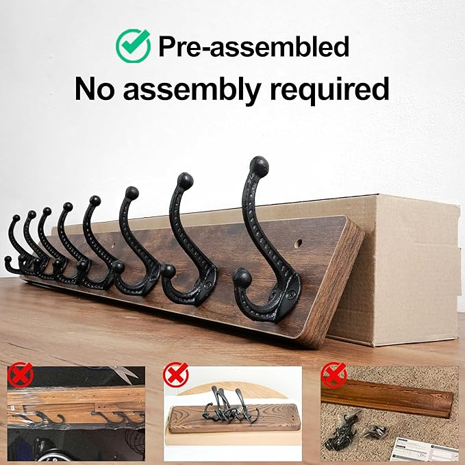 WEBI Rustic Coat Rack Wall Mount,35.43" Long 8 Cast Iron Coat Hooks Wall Mounted,Heavy Duty Wood Wall Coat Hanger Hooks for Hanging Coats,Jacket,Clothes,Backpack,Farmhouse,Rustic Brown