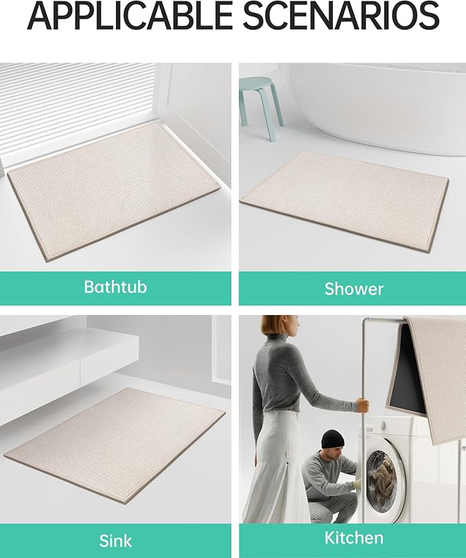 Mecko Bath Mat, Ultra Absorbent Quick Dry Bathroom Floor Mats-Upgraded Thin Cozy Cloth Bathroom Mat Fit Under Door, Rubber Non-Slip Bathroom Rug for Bathtub, Sink, Shower Room(Oatmeal,16"x24")