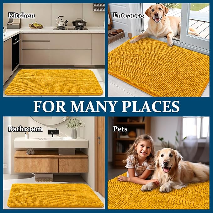 OLANLY Dog Door Mat for Muddy Paws 40x24, Absorbs Moisture and Dirt, Absorbent Non-Slip Washable Doormat, Quick Dry Chenille Mud Mat, Entry Indoor Entryway Carpet for Inside Floor, Golden Yellow