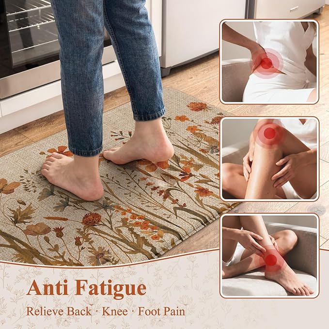 KIMODE Fall Kitchen Mats Cushioned Anti Fatigue, Orange Farmhouse Kitchen Rugs Sets of 2, Non Slip Kitchen Mats for Floor, Padded Kitchen Floor Mats for Sink Laundry Office Desk 17"x47"+17"x29"