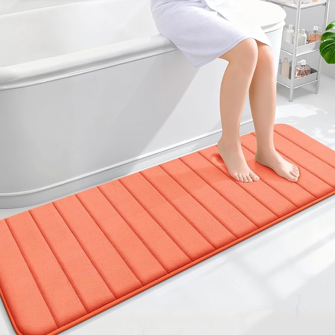 OLANLY Memory Foam Long Bathroom Rugs Runner 59x20, Super Soft Absorbent Bath Mat, Quick Dry, Machine Washable Shower Floor Rugs, Bathmat Carpet, Bathroom Home Decor Accessories, Coral